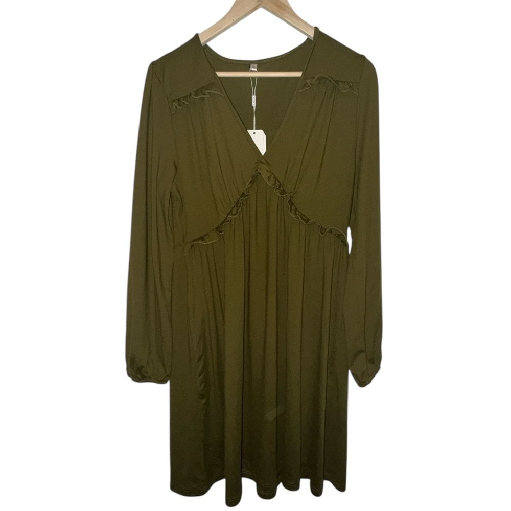 NWT - Aokosor Women’s Size Large Green Long Sleeve V-Neck Ruffle Dress